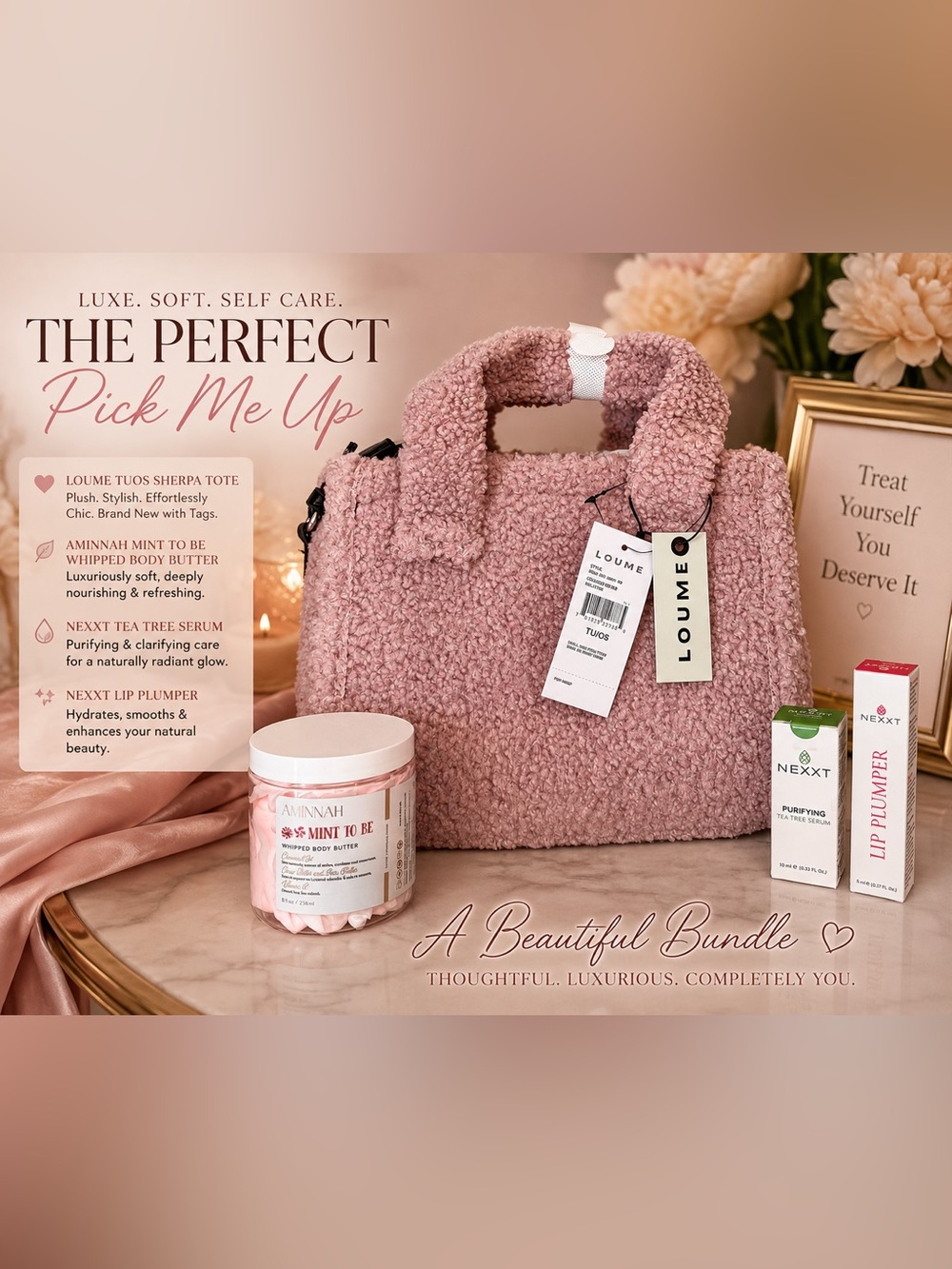 $185 - NWT LOUME Pink Sherpa Tote + Aminnah & NEXXT Luxury Self Care Gift Bundle